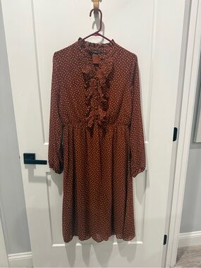 Very J Rust Brown Ruffle Polkadot Dress Size Large